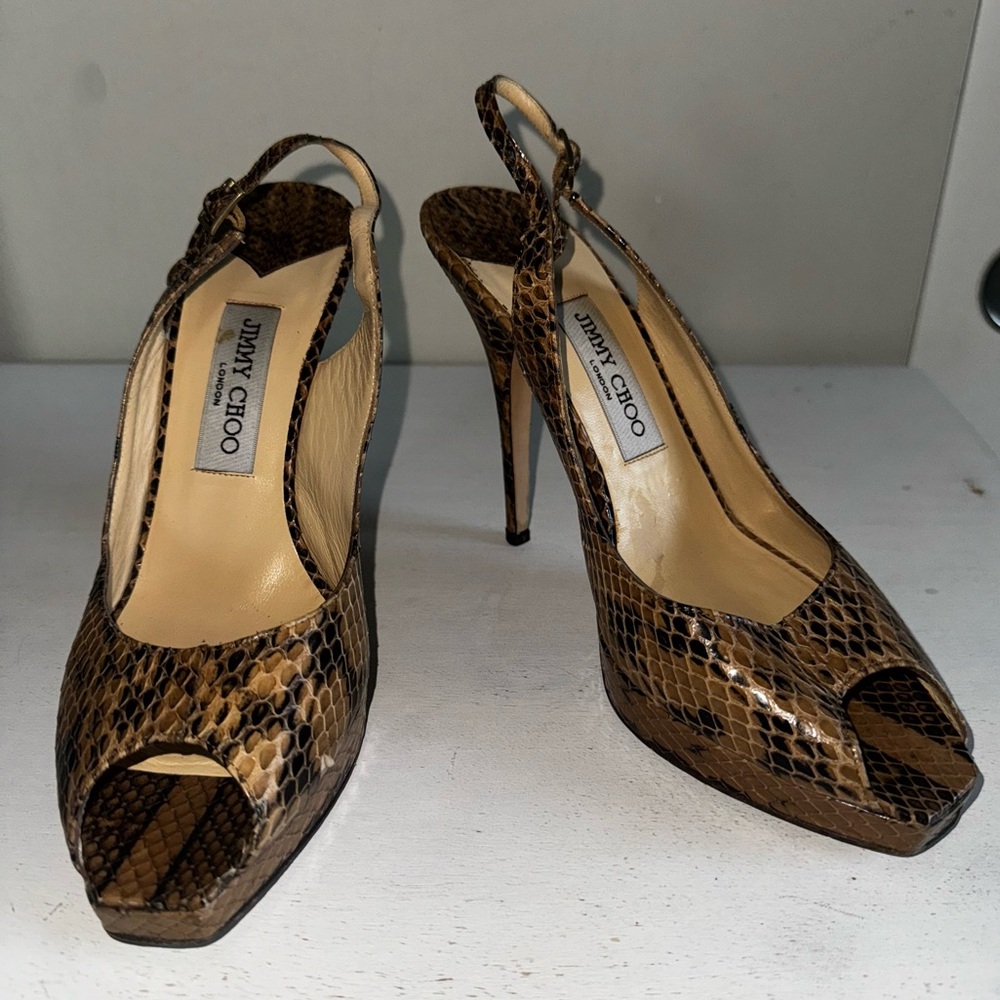 Jimmy Choo Vintage Snakeskin Leather Peep Toe Platform Slingback Pump Heels - Picture 12 of 14
